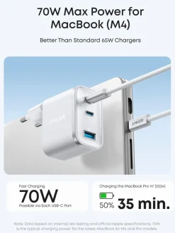 Anker Nano hurtiglader USB-C, 3 porter GaN 70 W, hvit