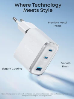 Anker Nano hurtiglader USB-C, 3 porter GaN 70 W, hvit