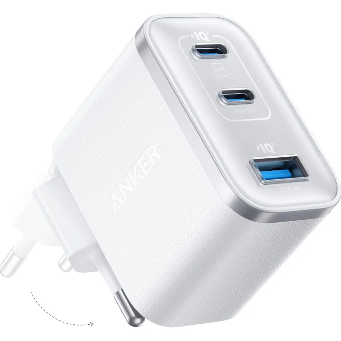 Anker Nano hurtiglader USB-C, 3 porter GaN 70 W, hvit