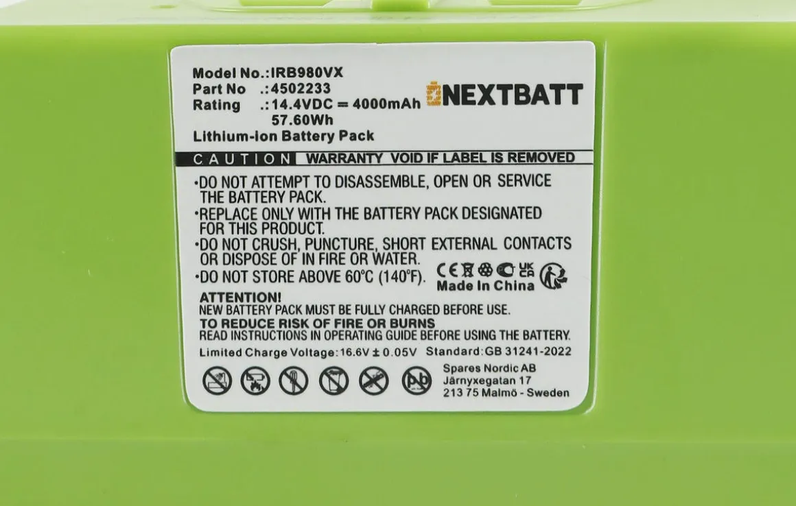 Batteri 14,4 V / 4000 mAh til iRobot Roomba 600/800/900-serien, Li-ion