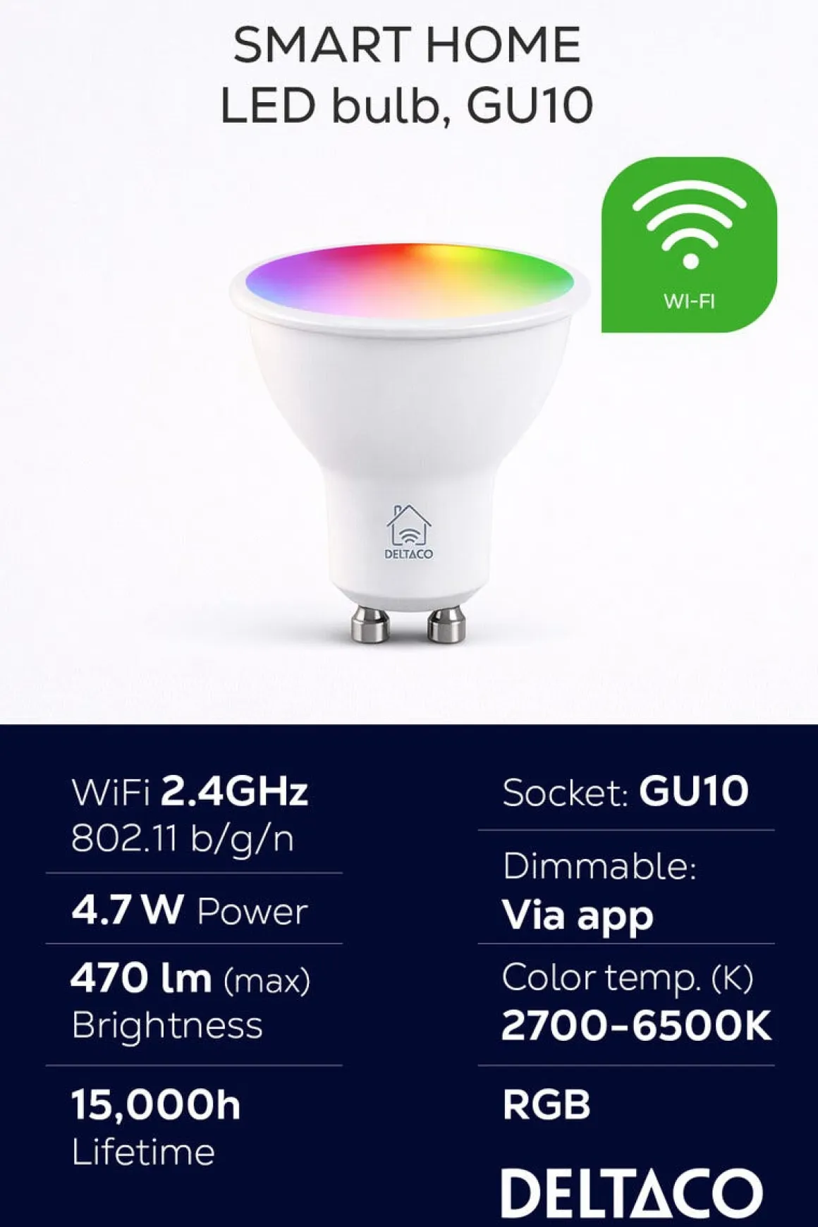 Deltaco Smart LED-pære GU10 RGB wifi, 4,7 W, dimbar
