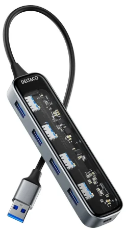 Deltaco USB-A-hub med 4 porter, gjennomsiktig, UH-736