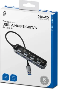 Deltaco USB-A-hub med 4 porter, gjennomsiktig, UH-736