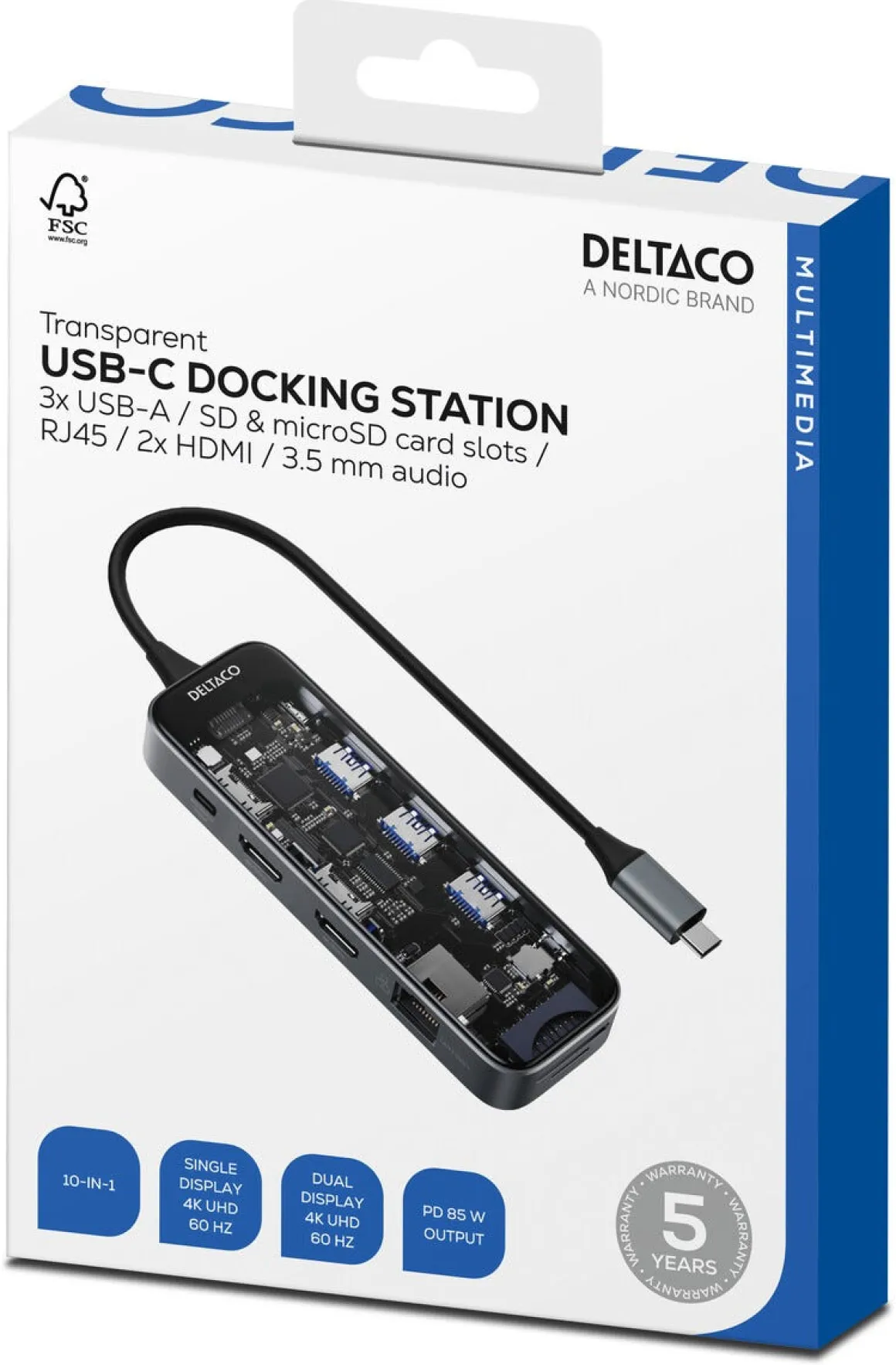 Deltaco USB-C-hub med 10 porter, gjennomsiktig
