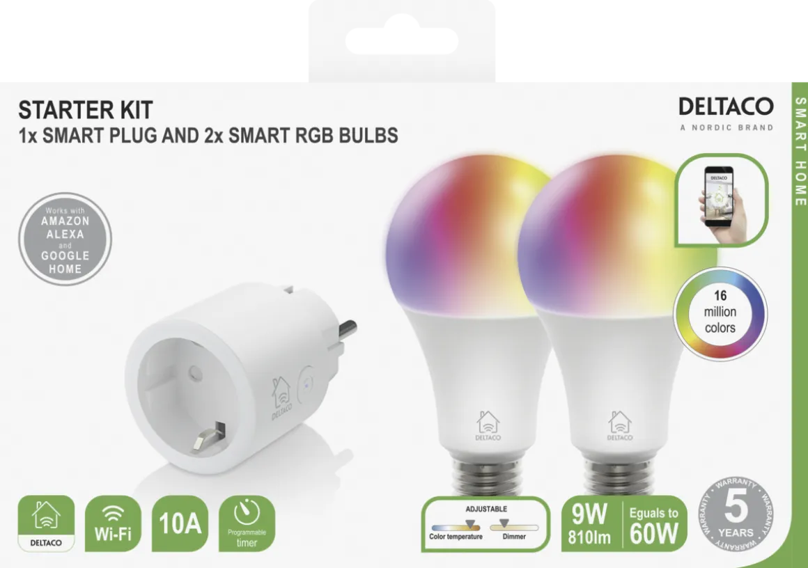 Deltaco Smart Home WiFi sett, smart-plug og 2 x E27 RGB LED-pærer
