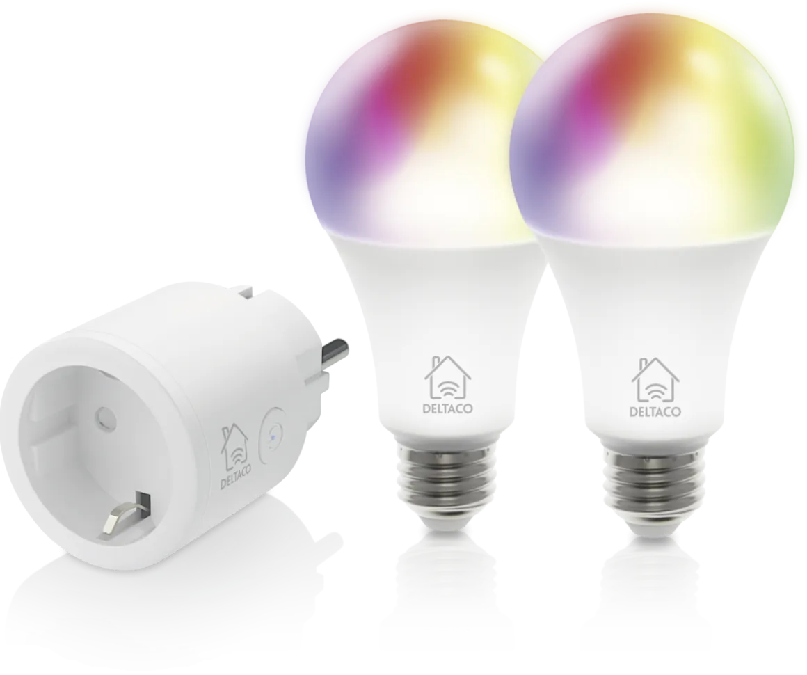 Deltaco Smart Home WiFi sett, smart-plug og 2 x E27 RGB LED-pærer