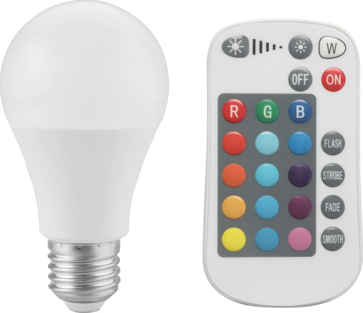Dimbar LED-pære RGBW E27 4,8 W, med fjernkontroll
