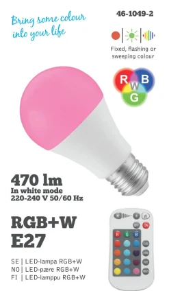 Dimbar LED-pære RGBW E27 4,8 W, med fjernkontroll