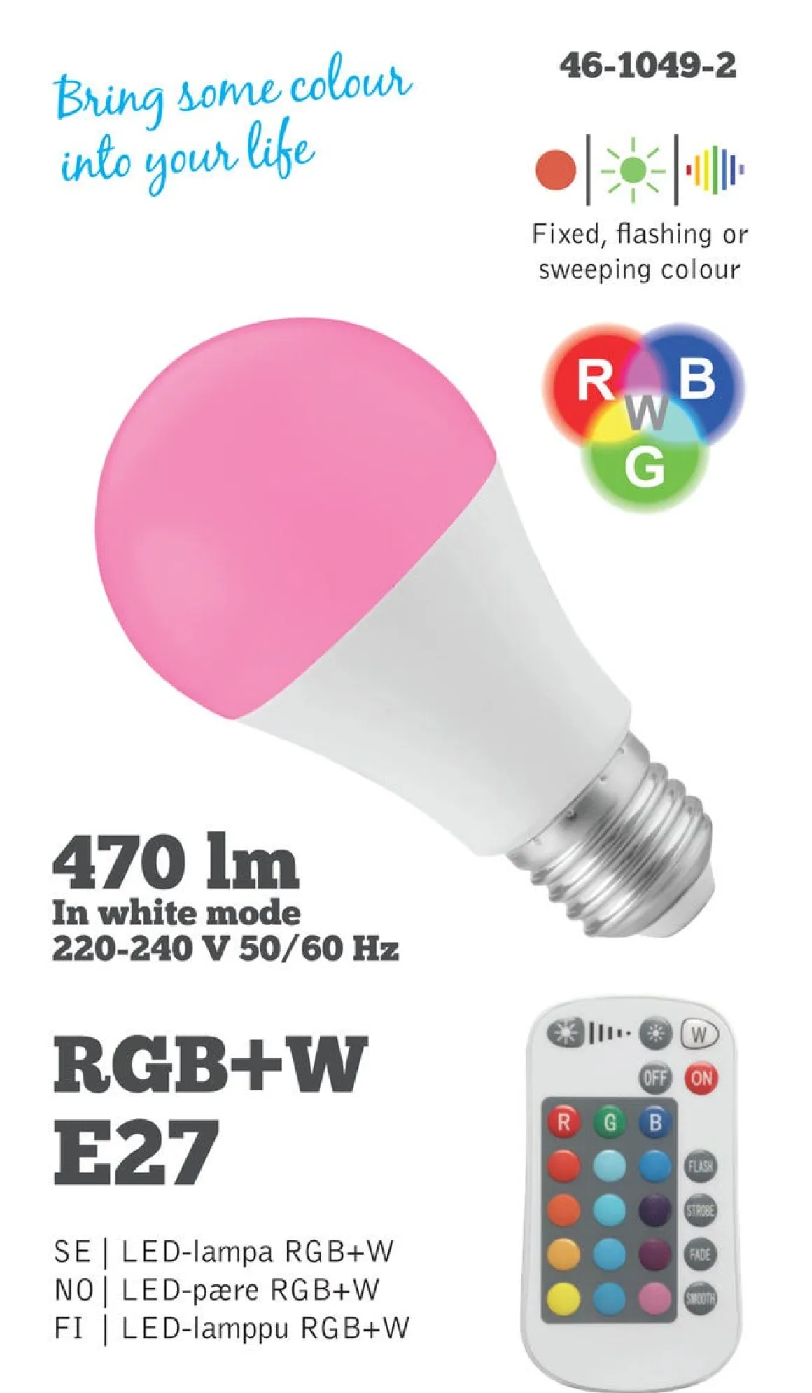Dimbar LED-pære RGBW E27 4,8 W, med fjernkontroll