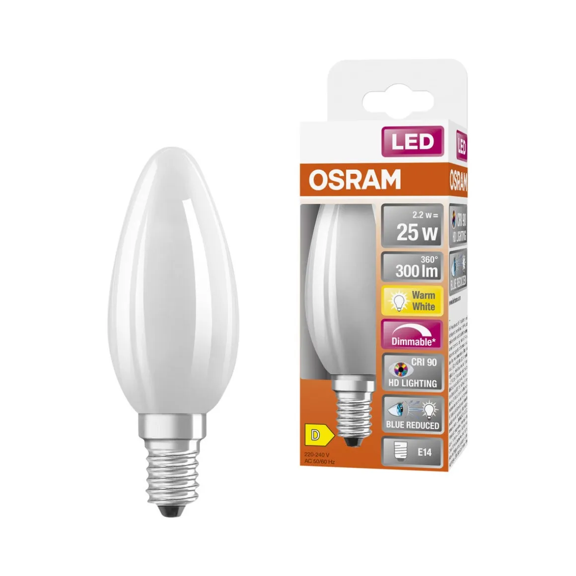 Dimbar mignon lyspære LED E14 Osram, varmhvit