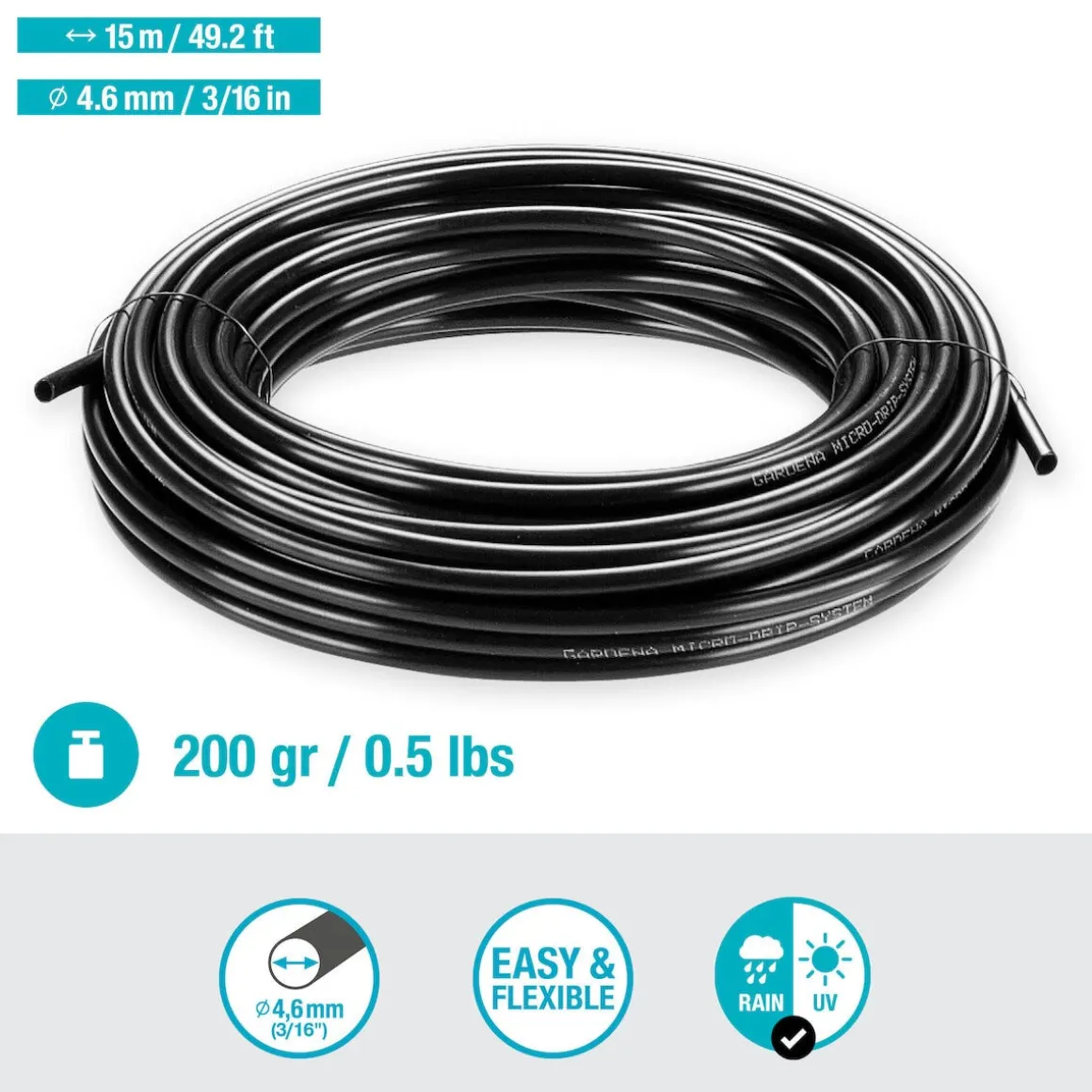 Gardena fordelerrør på 15 m, 4,6 mm, 3/16 tomme