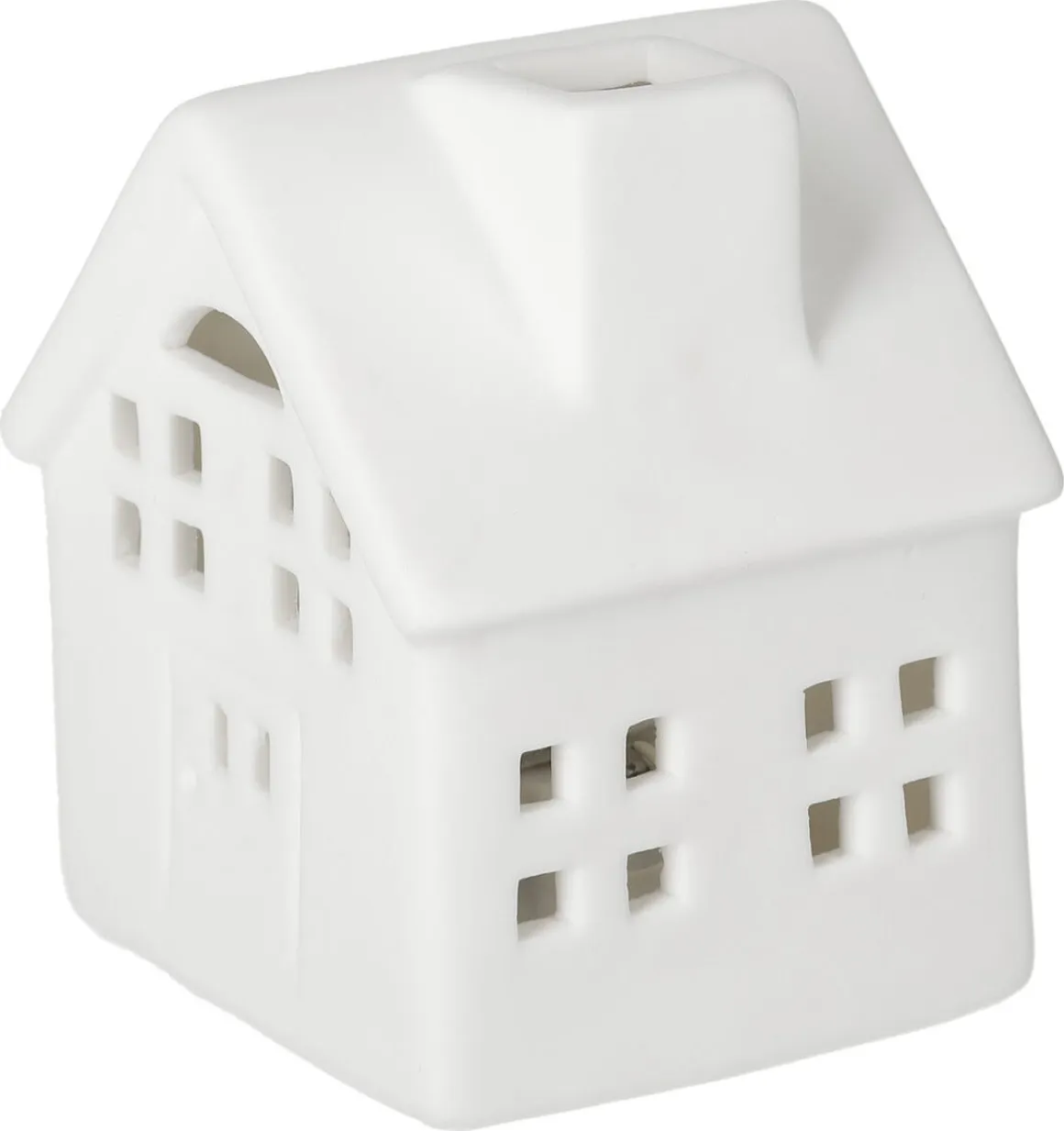 Hus i keramikk med LED-lys og timer, 6 cm