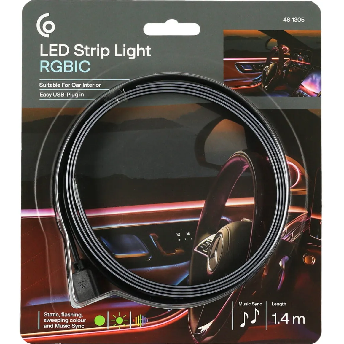 LED-list for bilinteriør RGBIC 1,4 m USB