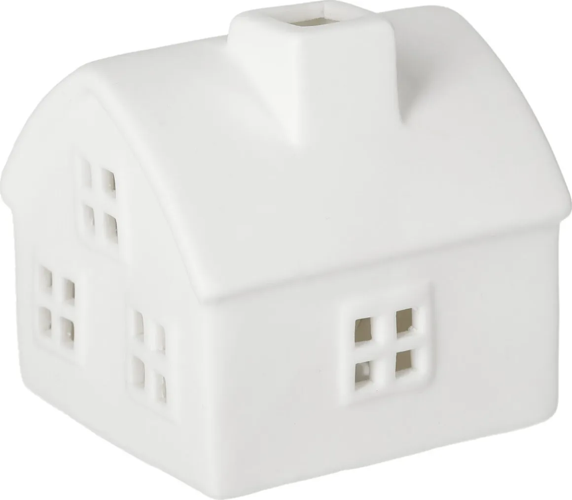 Lite hus i keramikk med LED-lys og timer, 6 cm