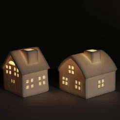 Lite hus i keramikk med LED-lys og timer, 6 cm