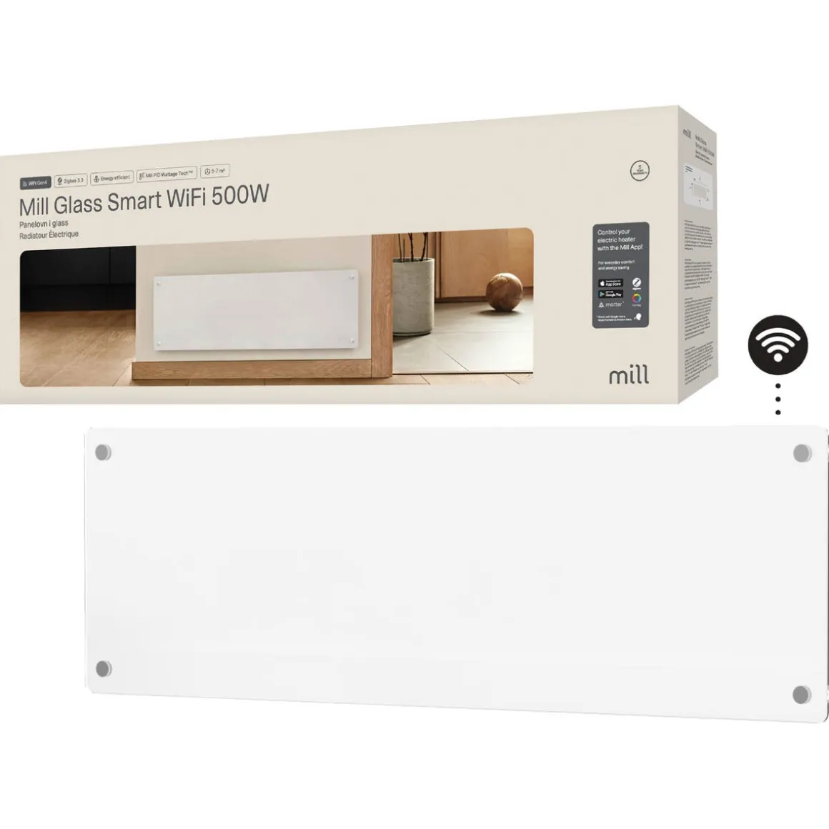 Mill Glass Smart wifi-varmeovn Gen. 4, hvit, 500 W