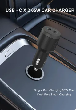 Mobillader til bil 12 V med 2 x USB-C, 65 W billader