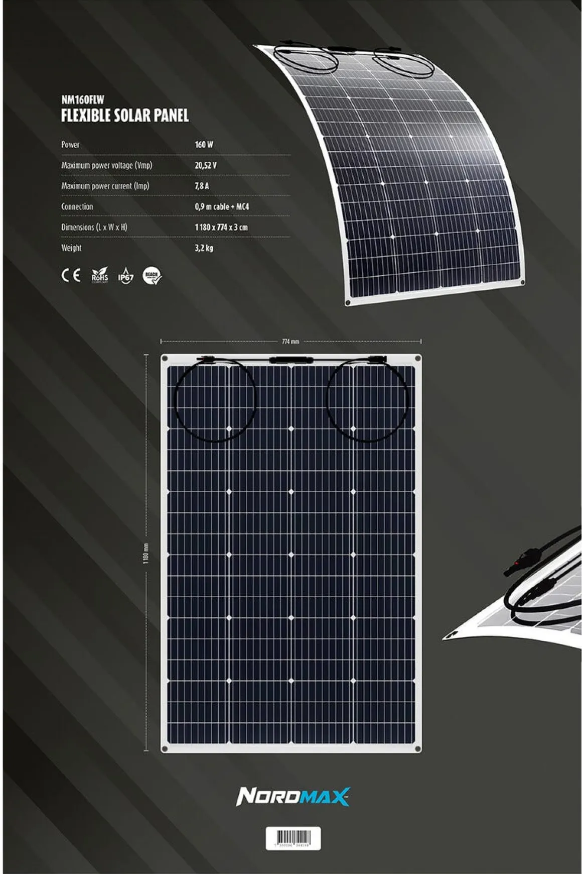 Nordmax fleksibelt solcellepanel 160 W, NM160FLW