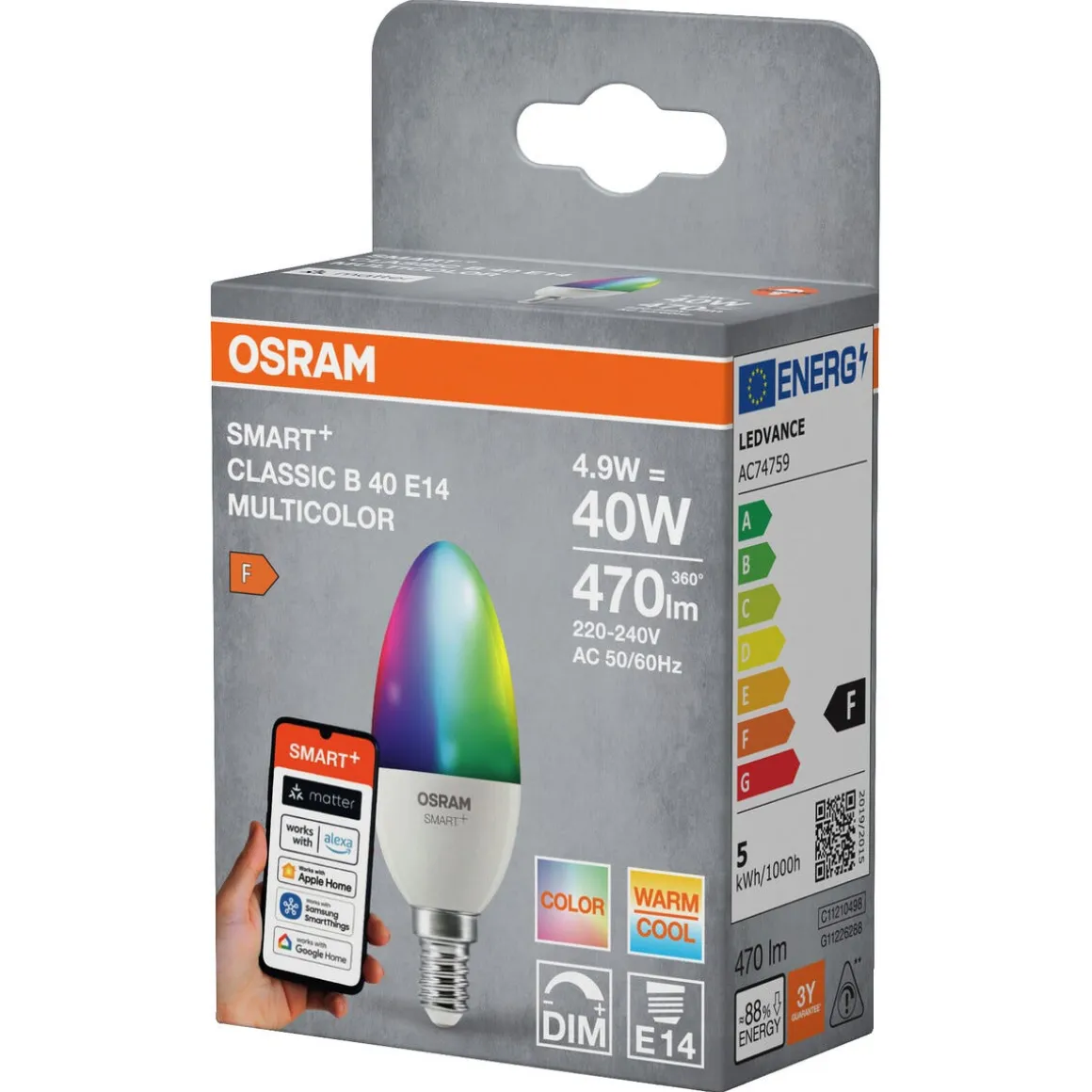 Osram Smart+ Matter mignonpære LED E14 RGBW 4,9 W
