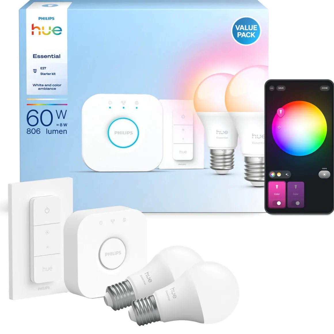 Philips Hue Essential startpakke E27 white and colour ambiance