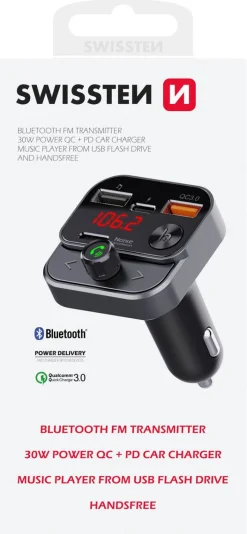 Swissten FM-sender med Bluetooth for bil, 12–24 V