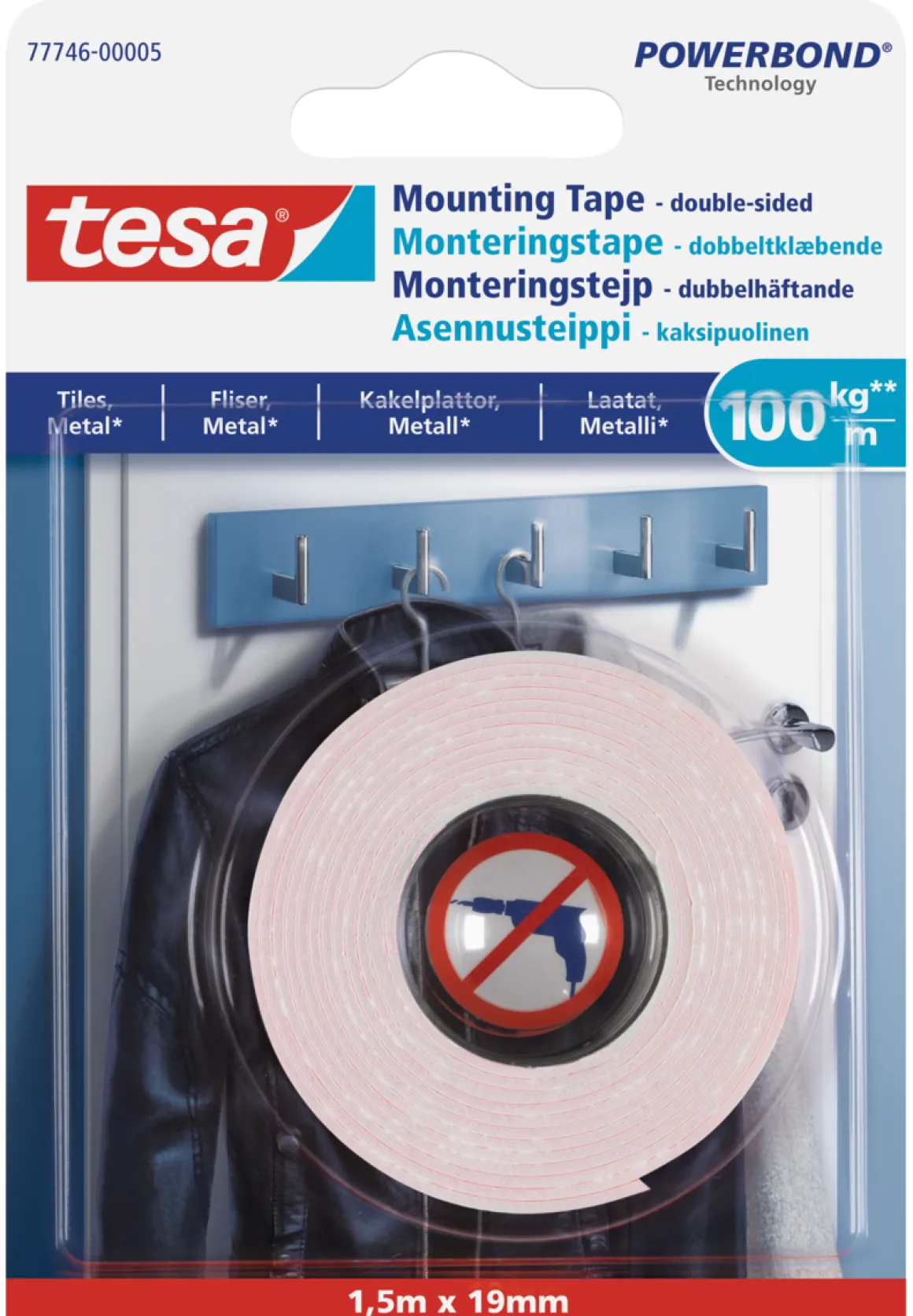 Tesa dobbeltheftende monteringsteip, 19 mm x 1,5 m