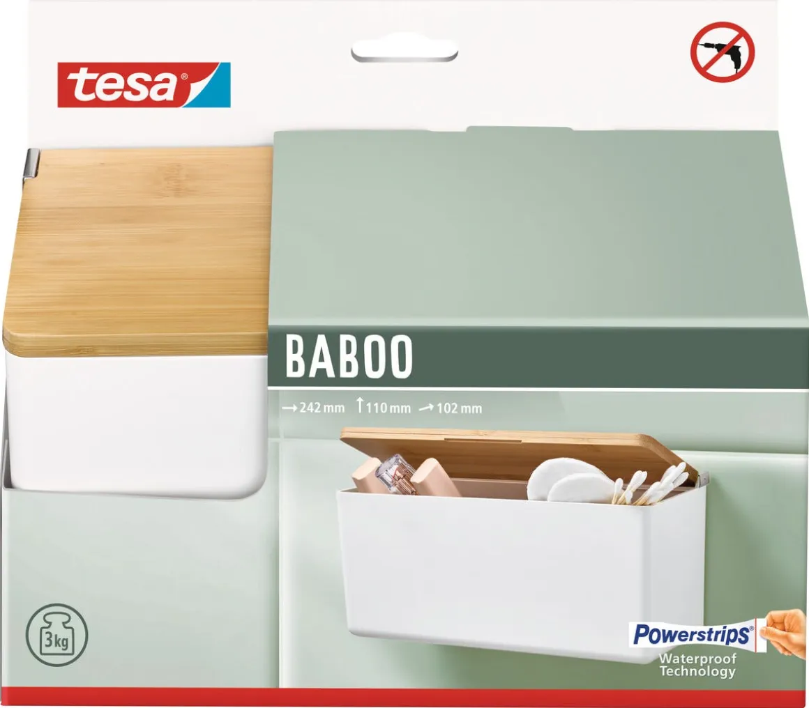 Tesa Baboo selvklebende hylle med lokk i bambus, hvit