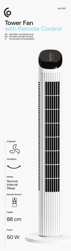 Tårnvifte med fjernkontroll, 50 W, hvit, 88 cm