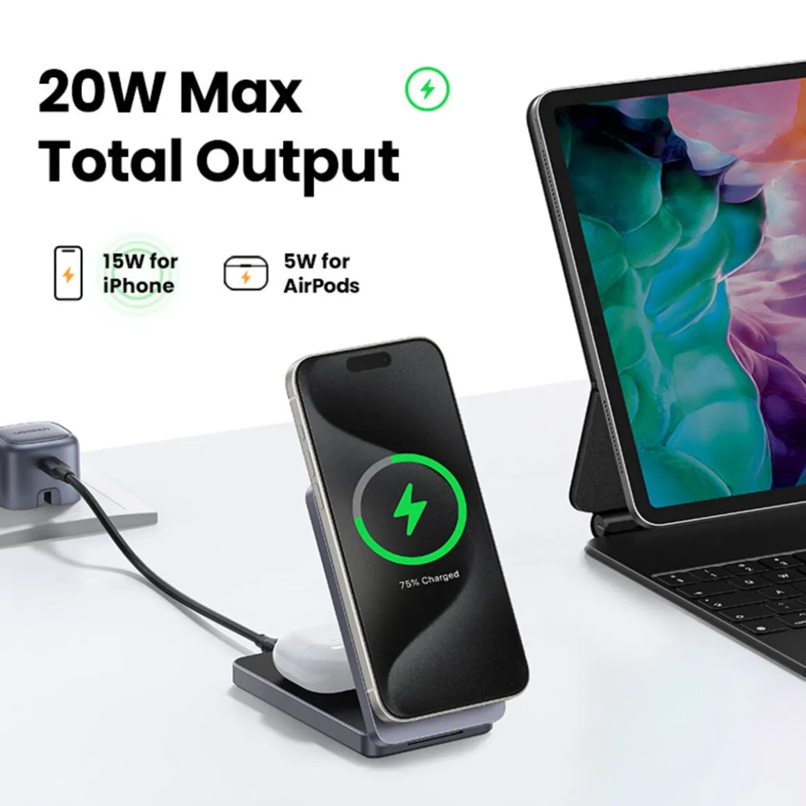 Ugreen 2-i-1 MagSafe trådløs lader, 15 W