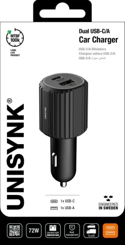 Unisynk Dual billader 12, 24 V, USB-C / USB-A, svart
