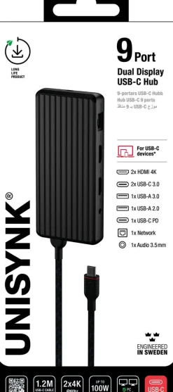 Unisynk 9-porters USB-C-hub med 2 stk. HDMI, USB-C m.m.