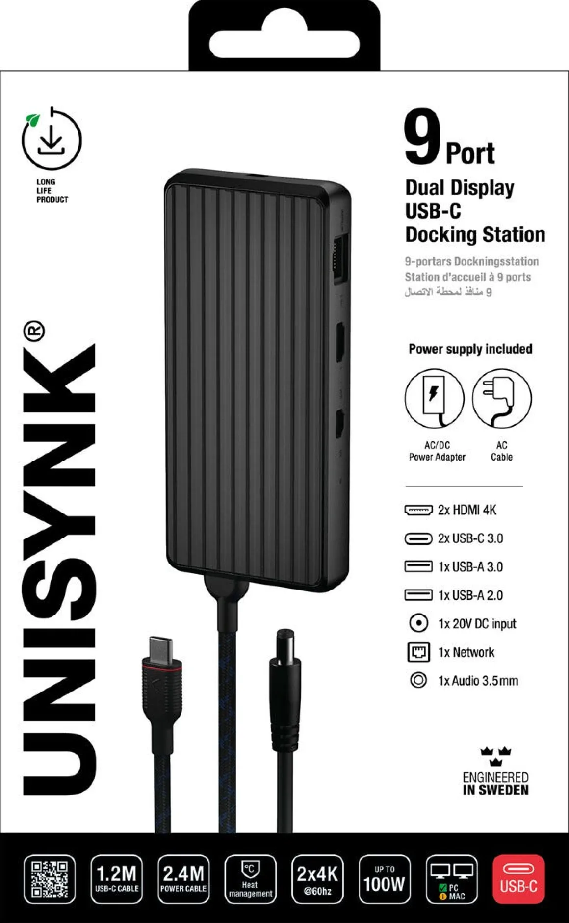 Unisynk USB-C-dokkingstasjon til bærbar PC, 9 porter