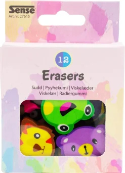 Viskelær for barn, blandede dyrefigurer, 12-pakning